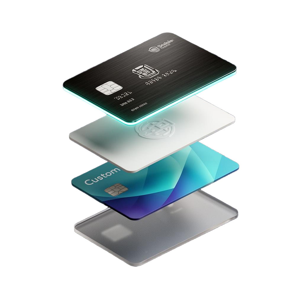 Fanned arrangement of Stradacarte physical cards in metal, plastic, custom and translucent finishes